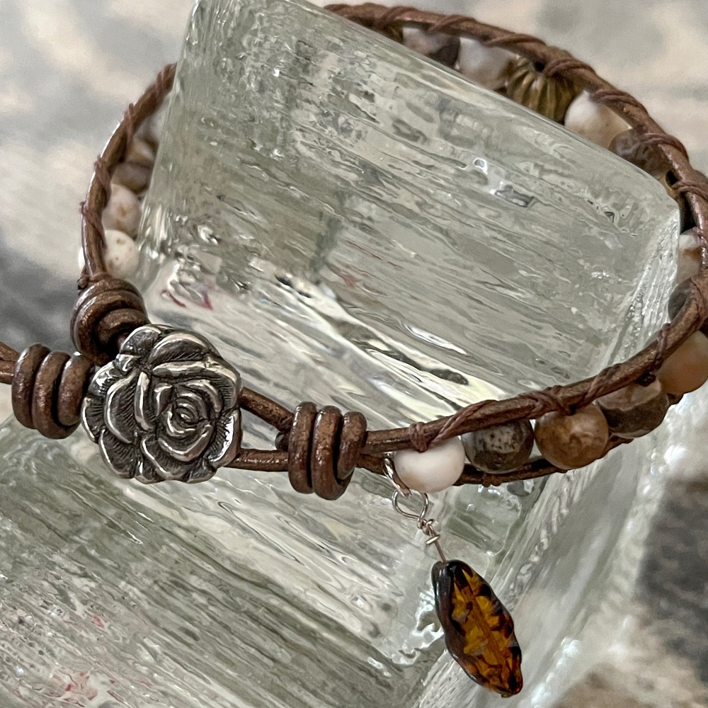 Bronze Leather Wrap Bracelet - Fossilized wood and brass beads